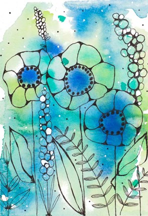 Framed Blue Watercolor Wildflowers I Print