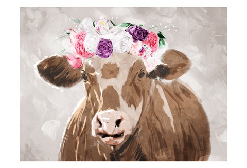 Framed Cow Flowers Print