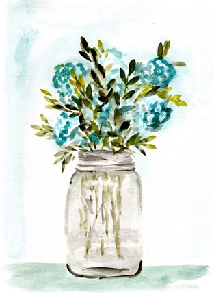 Framed Blue Floral Mason Jar Print