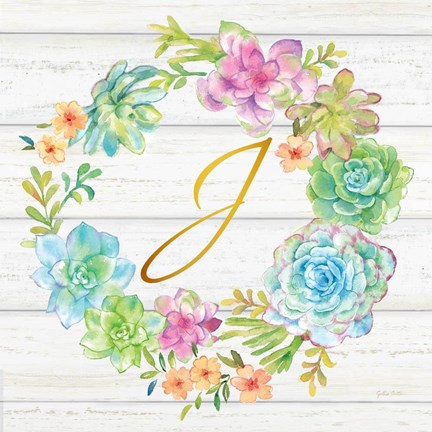 Framed Sweet Succulents Wreath Monogram J gold Print