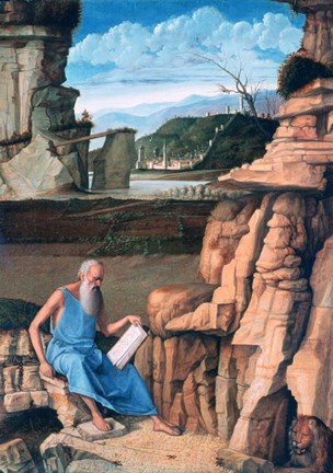 Framed Saint Jerome reading in a Landscape, c1480-1485 Print