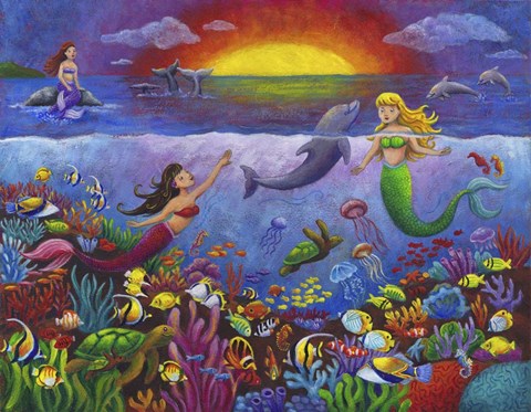 Framed Underwater Mermaids Sunset Print