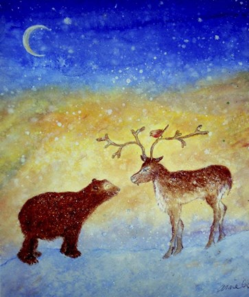 Framed Bear And Deer Meeting Under The New Moon Print