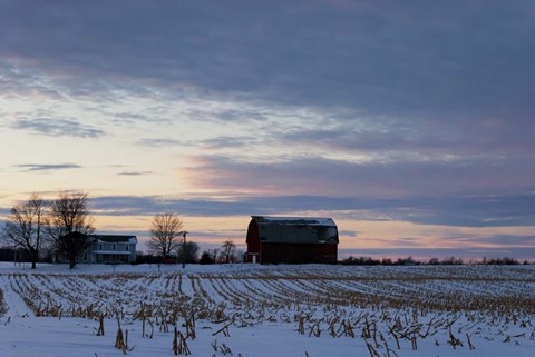 Framed Sunset On Farm In Winter Print