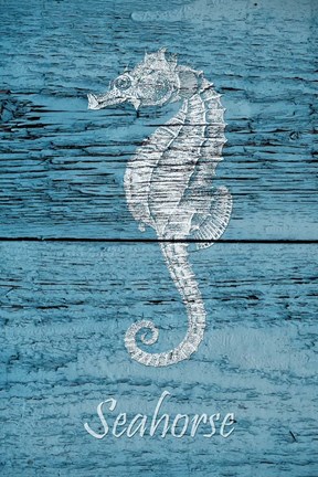 Framed Seahorse on Blue Wood Print
