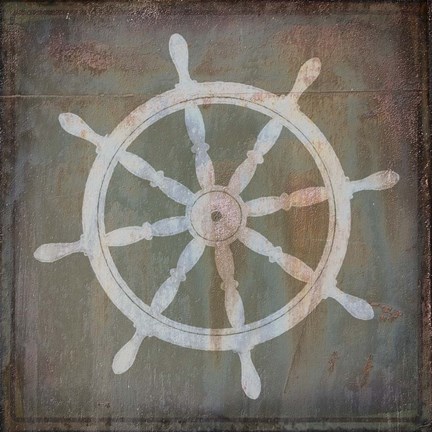 Framed Rusty Sign Nautical Wheel Print