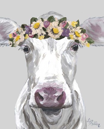 Framed Cow Mabel With Flowers On Gray Print