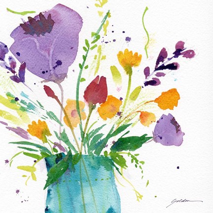 Framed Teal Vase With Bright Flowers Print