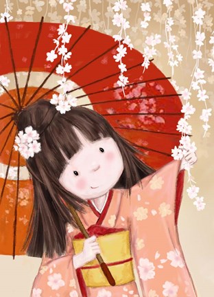 Framed Japanese Girl with Umbrella Print