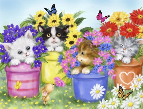 Framed Cats in Flower Pot Print