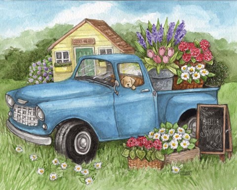 Framed Blue Truck Flowers Hello Spring Print