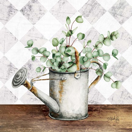 Framed Eucalyptus White Watering Can Print