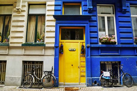 Framed Yellow Door with Bikes Print