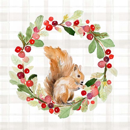Framed Holiday Woodland Wreath on Plaid II Print
