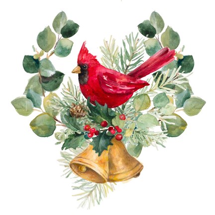 Framed Northern Cardinal On Holiday Bells Print
