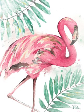 Framed Watercolor Leaf Flamingo II Print