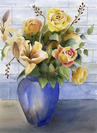 Framed Yellow Roses in Blue Vase Print