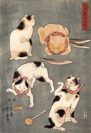 Framed Kuniyoshi Utagawa Four Cats in Different Poses 1830 Print