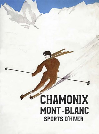Framed Chamonix Mont-Blanc Alpine Ski Poster from 1930 Print