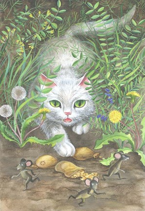 Framed White Cat And Mice Print