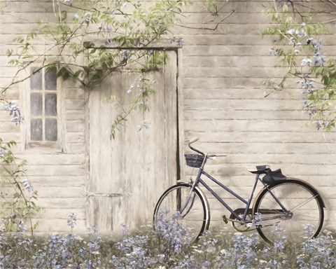 Framed Blue Bike at Barn Print