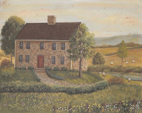 Framed Stone House with Wild Flowers Print