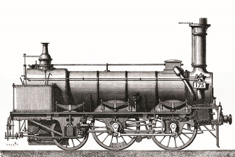 Framed Locomotive Train Engraving Vintage Print