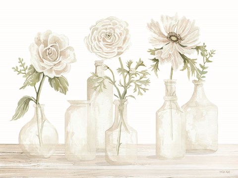 Framed Bottles and Flowers I Print