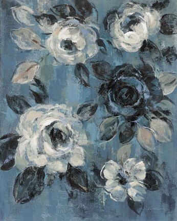 Framed Loose Flowers on Dusty Blue II Print