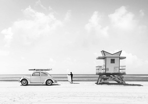 Framed Waiting for the Waves, Miami Beach (BW) Print