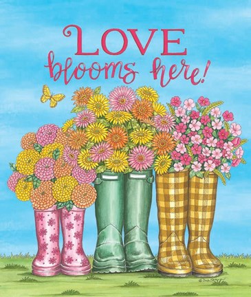 Framed Love Blooms Here Wellies Print
