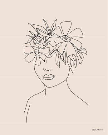 Framed Head Full of Flowers Line Drawing Print