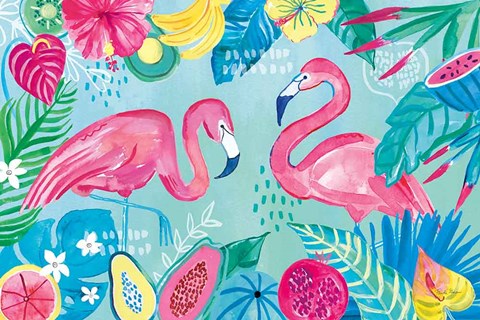 Framed Fruity Flamingos I Print