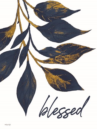 Framed Blessed Navy Gold Leaves Print
