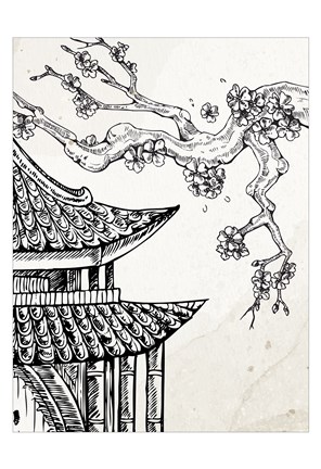Framed Pagoda Cherry Blossom 1 Print