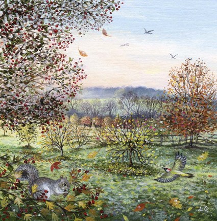 Framed Autumn Landscape and Squirrel Print