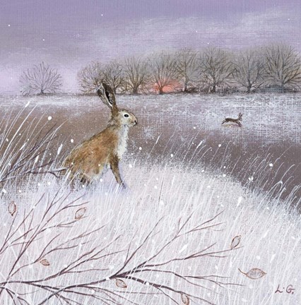 Framed Frosty Landscape and Hare Print