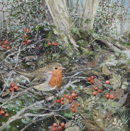 Framed Robin, Frost and Berries Print