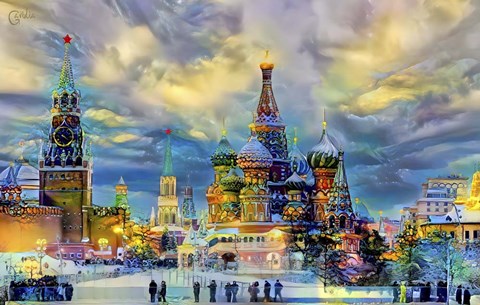 Framed Moscow Russia Saint Basil's Cathedral Kremlin Red Square ice snow and skating Print