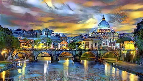 Framed Vatican City Saint Peter Basilica and bridge by night Print