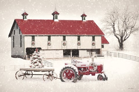 Framed Red and White Christmas Barn Print