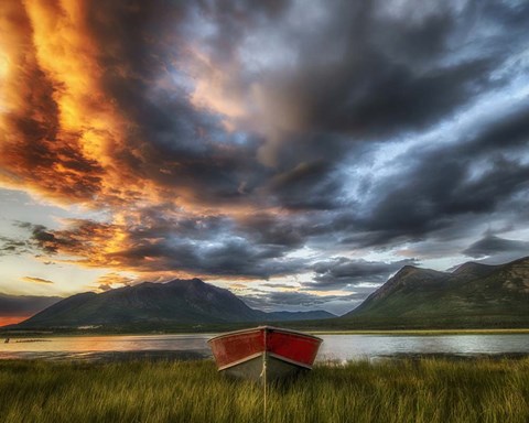 Framed Small Boat With Moody Sky, Carcross, Yukon, Canada Print