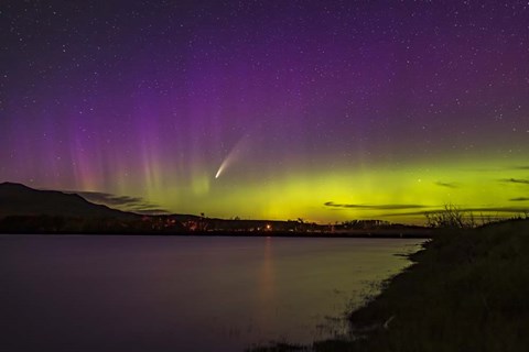 Framed Comet NEOWISE and Aurora Over Waterton River, Alberta Print