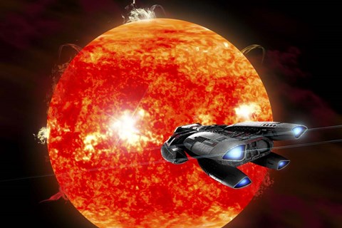 Framed Ion Drive Powered Exploration Spaceship Approaches a Violent, New Red Star Print