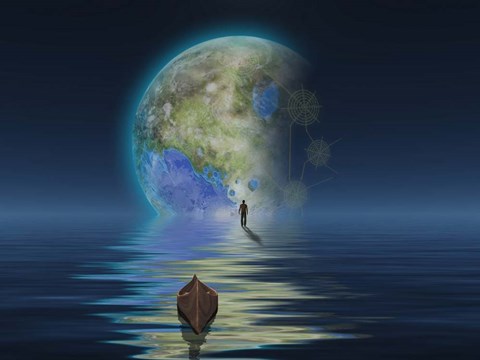 Framed Man With Boat On Water Surface Before the Terraformed Moon Print