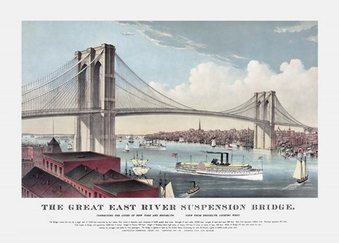 Framed Currier &amp; Ives illustration of the Brooklyn Bridge after completion in 1883 Print