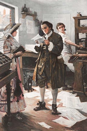 Framed Benjamin Franklin in his Philadephia printing Shop Print