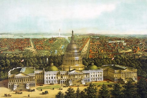 Framed Bird&#39;s eye view of Washington DC with the US Capitol up front Print