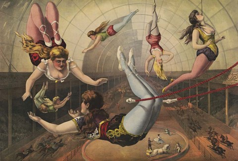 Framed Female Acrobats on Trapezes at Circus Print