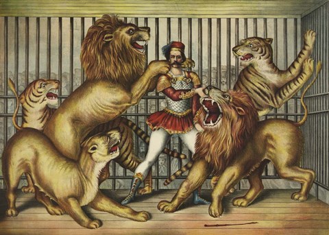 Framed Lion Tamer in Cage with Lions and Tigers Print